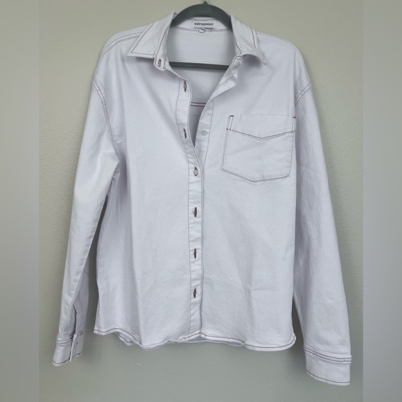 WeWoreWhat White Lt. Denim  Shacket Jacket Button up Top w/ Rust Stitching - Picture 2 of 8